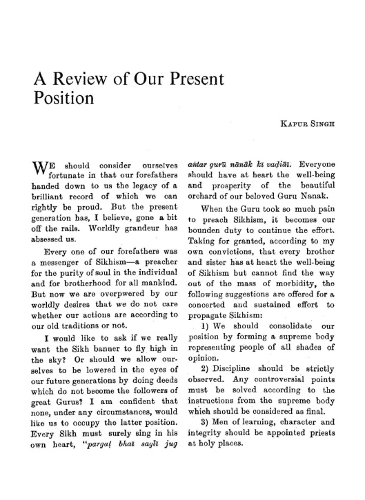 A Review of Our Present Situation - Sirdar Kapur Singh