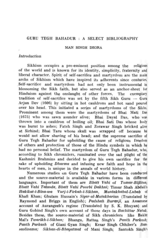 Guru Tegh Bahadur A Select Bibliography - Man Singh Deora